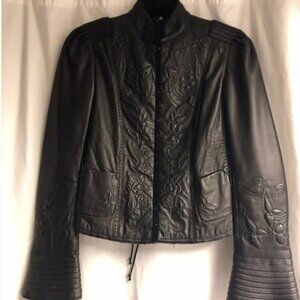 Elie Tahari | Black Embossed Leather Jacket w corset back & Bell Sleeves